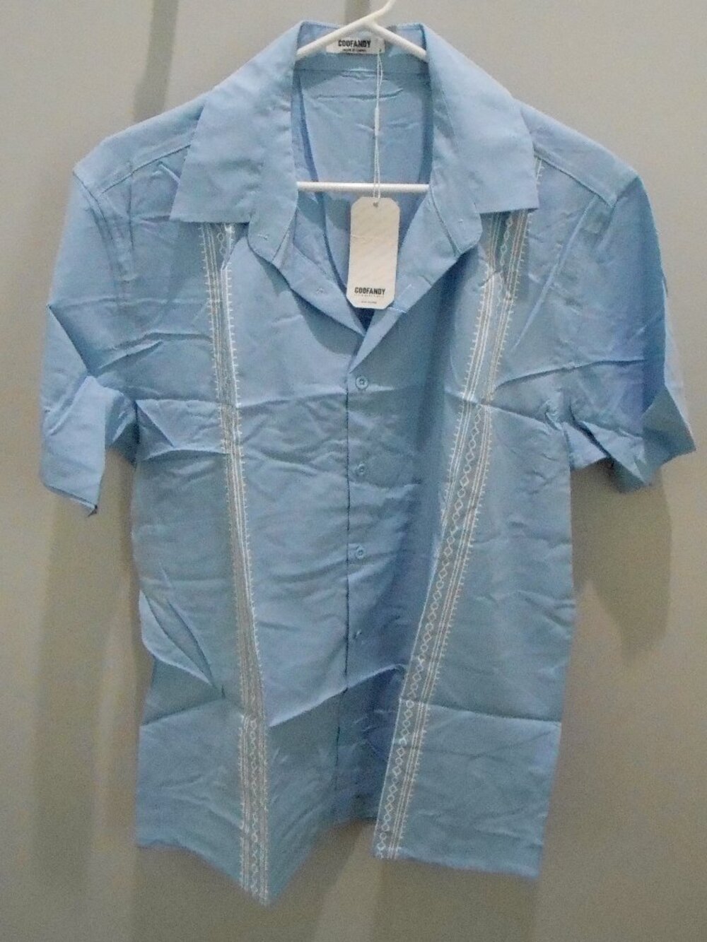 Coofandy Men's Light Blue Cuban Guayabera White Design Short Sleeve Shirt Size-M